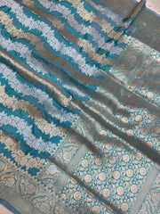 Aqua Blue Pure Katan Silk Banarasi Handloom Saree - All Over Sona Roopa Work - The Handlooms