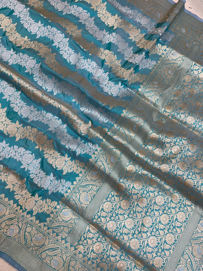 Aqua Blue Pure Katan Silk Banarasi Handloom Saree - All Over Sona Roopa Work - The Handlooms