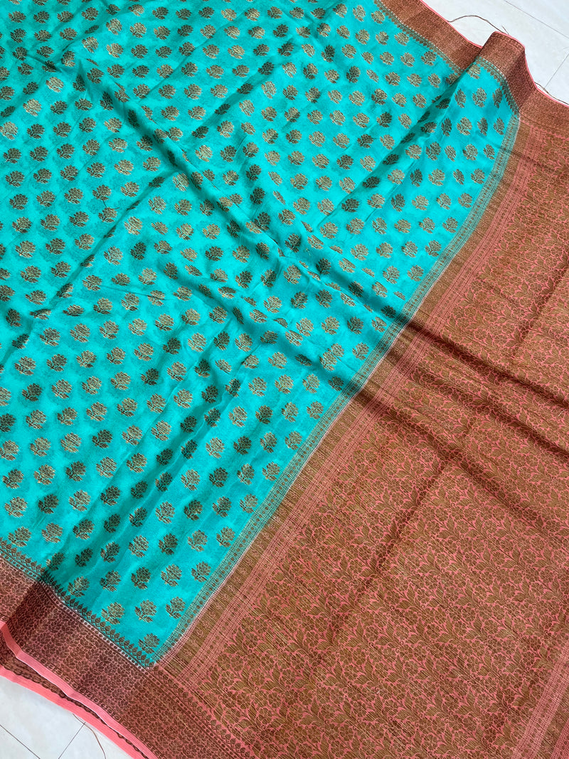 Turquoise Pure Chiffon Khaddi Banarasi Saree - The Handlooms