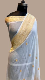 White Pure Georgette Banarasi Saree - Gold zari - The Handlooms