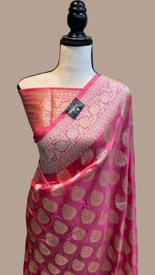 Strawberry Pink Pure Katan Silk Banarasi Handloom Saree - All over Jaal work - The Handlooms