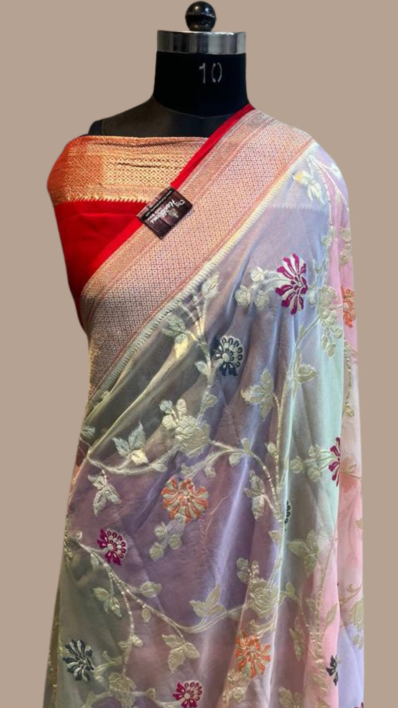 Khaddi Georgette Handloom Banarasi Saree - All over Jaal Work with meenakari - The Handlooms