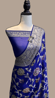 Navy Blue Pure Chiffon Khaddi Banarasi Saree - The Handlooms