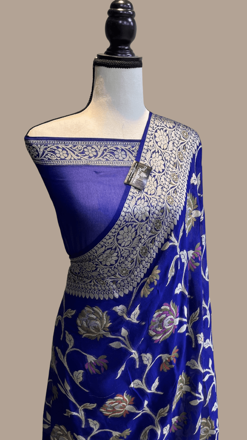 Navy Blue Pure Chiffon Khaddi Banarasi Saree - The Handlooms