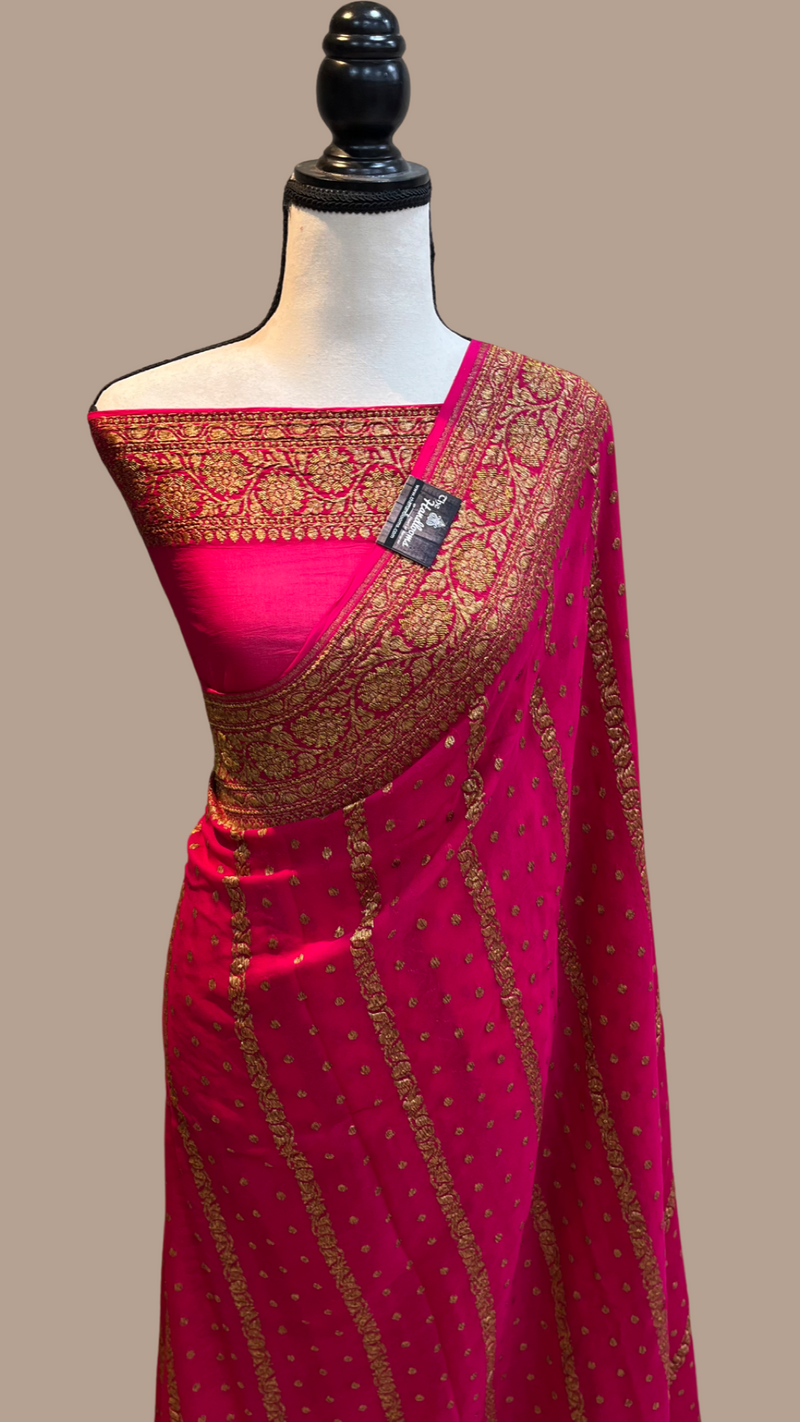 Hot Pink Khaddi Georgette Banarasi Saree -  Antique zari - The Handlooms