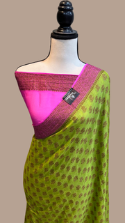 Lime Green Pure Chiffon Khaddi Banarasi Saree - The Handlooms