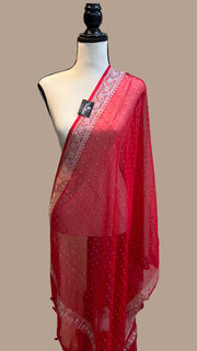 Pure Georgette Dupatt - Red silver zari - The Handlooms