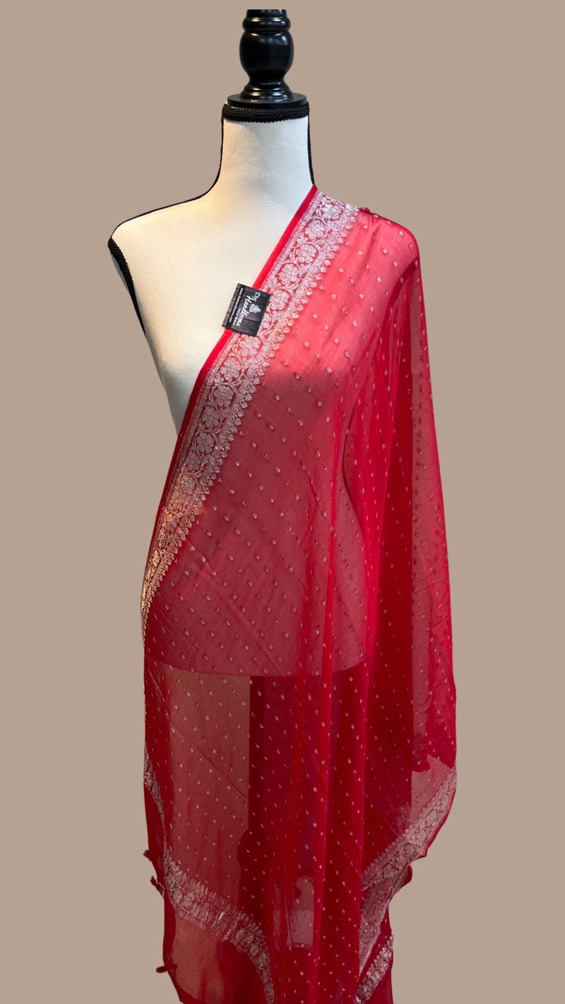 Pure Georgette Dupatt - Red silver zari - The Handlooms
