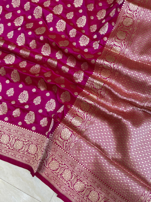 Hot Pink Pure Katan Silk Banarasi Handloom Saree - All over Jaal work - The Handlooms