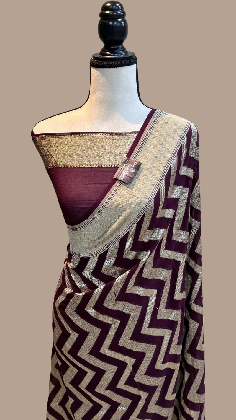 Brown Khaddi Georgette Handloom Banarasi Saree - The Handlooms