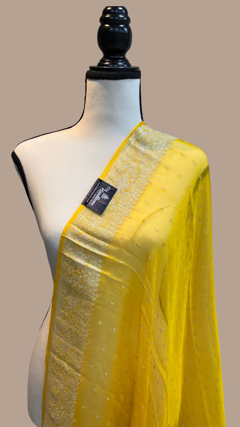 Pure Georgette Dupatta - Yellow silver zari - The Handlooms