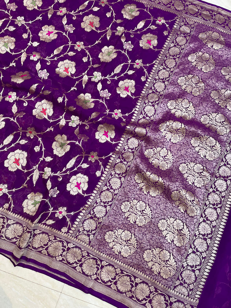 Khaddi Georgette Handloom Banarasi Saree - All over Jaal Work with meenakari - The Handlooms