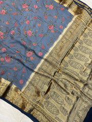 Pure Georgette Chikankari Handloom Banarasi Saree - The Handlooms