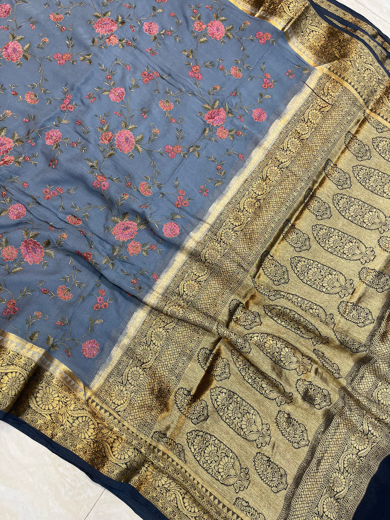 Pure Georgette Chikankari Handloom Banarasi Saree - The Handlooms