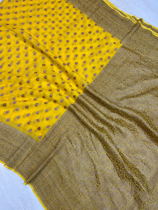 Khaddi Georgette Banarasi Saree -  Antique zari with Meenakari motifs - The Handlooms