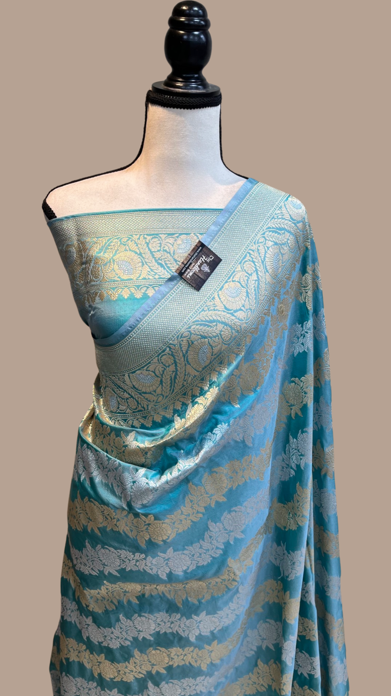 Aqua Blue Pure Katan Silk Banarasi Handloom Saree - All Over Sona Roopa Work - The Handlooms