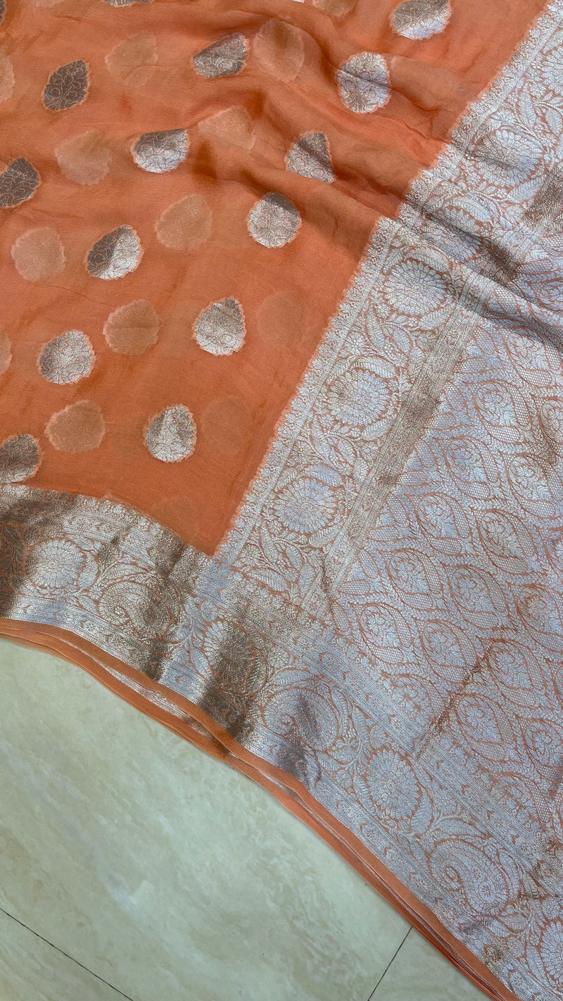 Peach Pure Chiffon Khaddi Banarasi Saree - The Handlooms