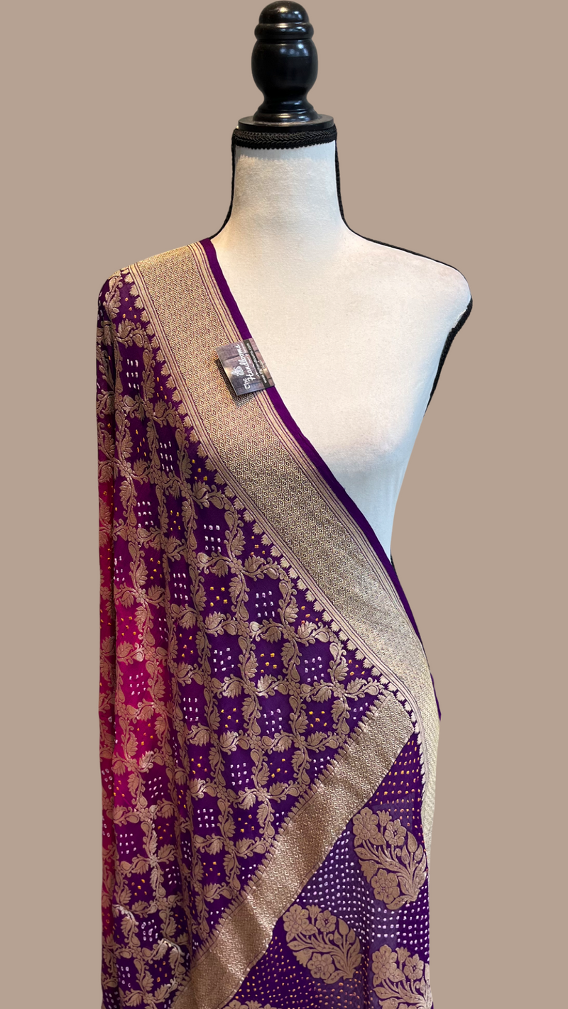 Pure Georgette Banarasi Bandhej Handloom Dupatta - Dual Shade - The Handlooms