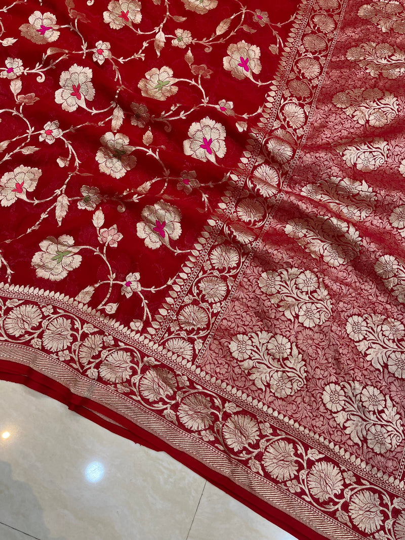 Khaddi Georgette Handloom Banarasi Saree - All over Jaal Work with meenakari - The Handlooms