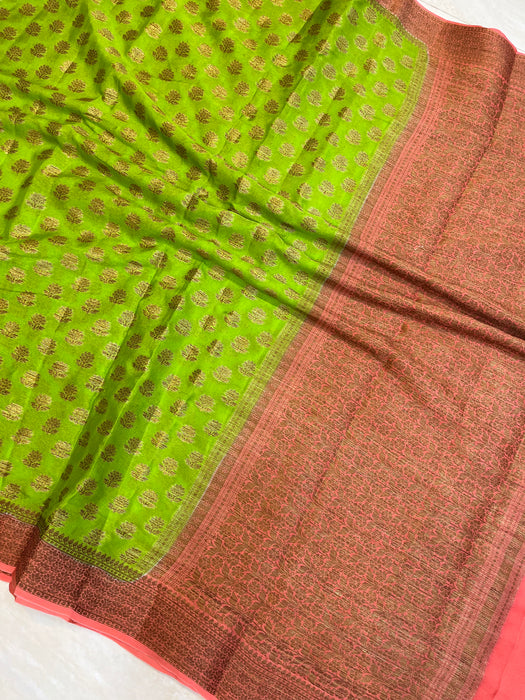 Lime Green Pure Chiffon Khaddi Banarasi Saree - The Handlooms