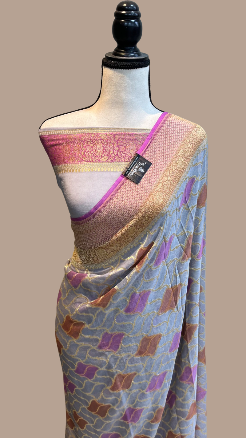 Khaddi Georgette Handloom Banarasi Saree - Gold Zari - The Handlooms