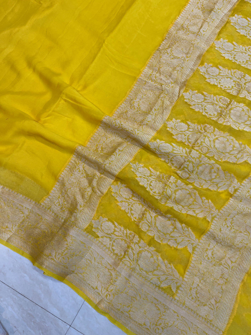 Yellow Pure Chiffon Khaddi Banarasi Saree - The Handlooms