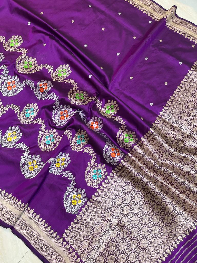 Pure Katan Silk Banarasi Handloom Saree - All over Kadua motifs with meenakari - The Handlooms