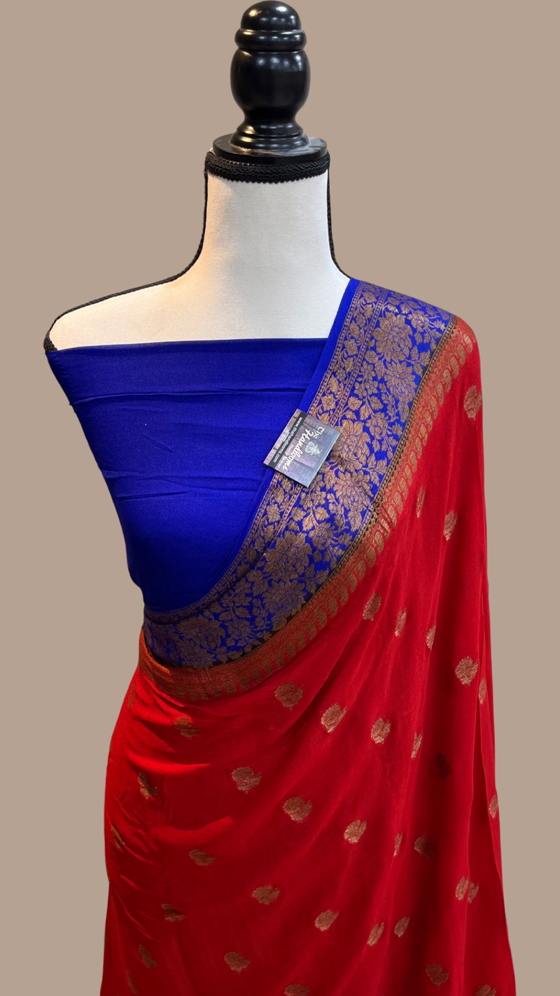 Red Pure Chiffon Khaddi Banarasi Saree - The Handlooms