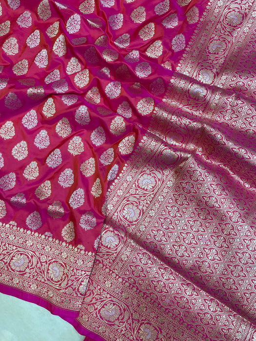 Hot Pink Pure Katan Silk Banarasi Handloom Saree - All over Sona Roopa work - The Handlooms