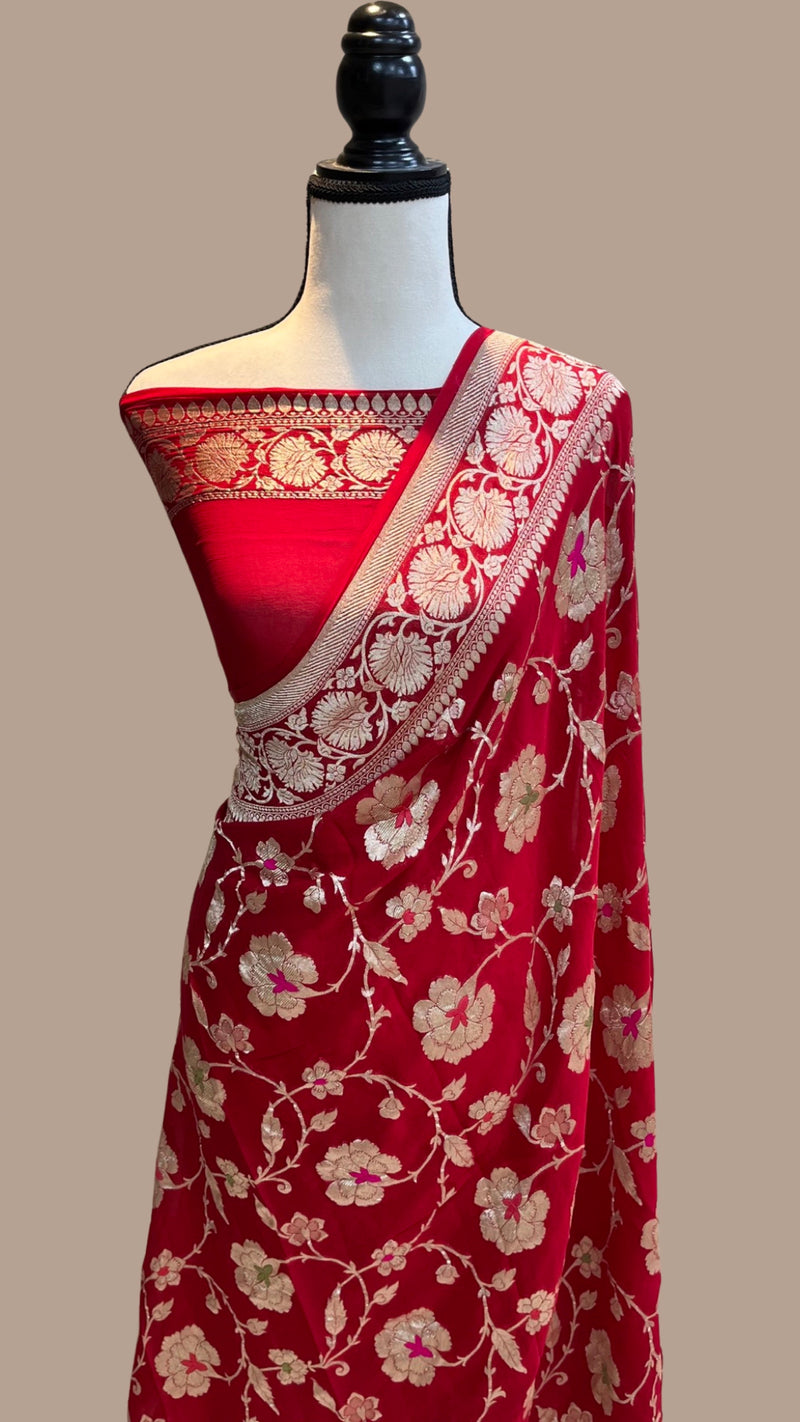 Khaddi Georgette Handloom Banarasi Saree - All over Jaal Work with meenakari - The Handlooms