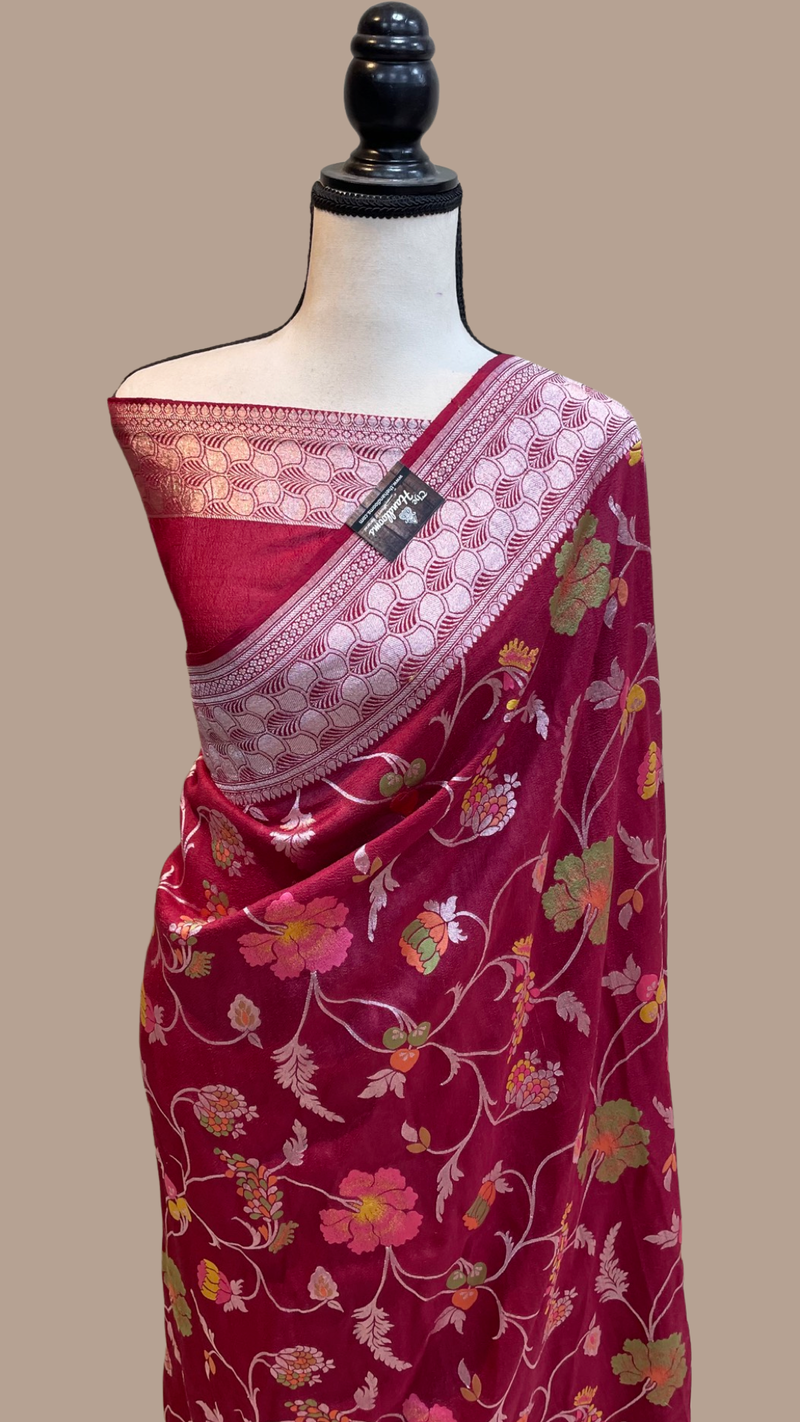 Pure Tussar Georgette Handloom Banarasi Saree - All over Jaal Work with meenakari - The Handlooms