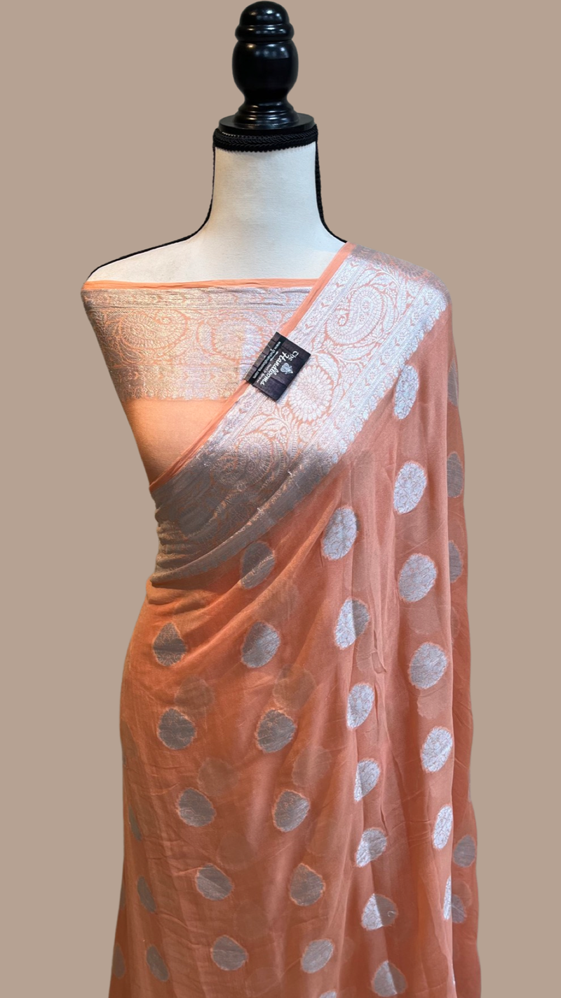 Peach Pure Chiffon Khaddi Banarasi Saree - The Handlooms