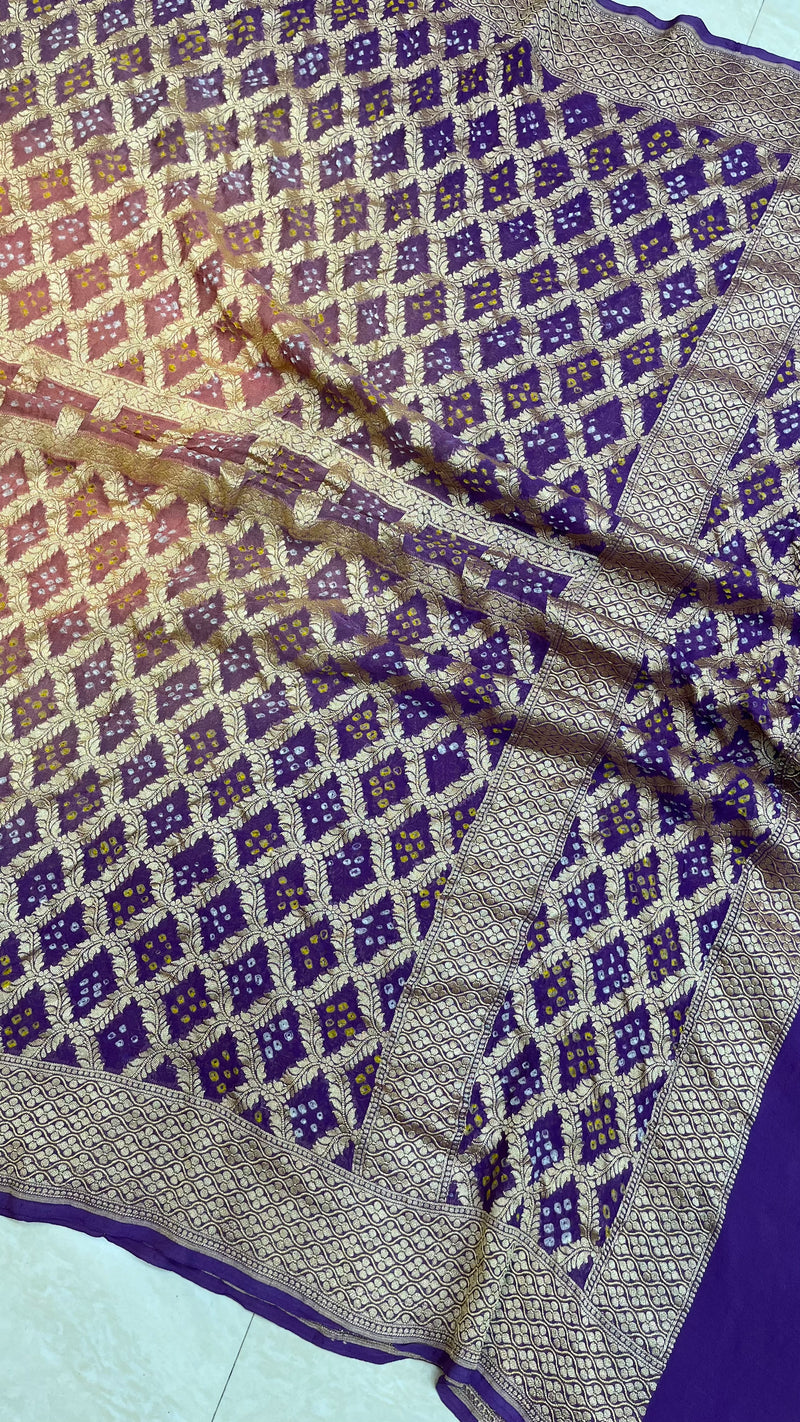 Pure Georgette Banarasi Bandhej Handloom Dupatta - Dual Shade - The Handlooms