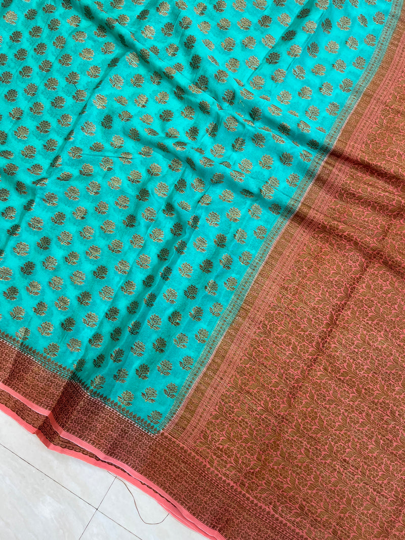Turquoise Pure Chiffon Khaddi Banarasi Saree - The Handlooms