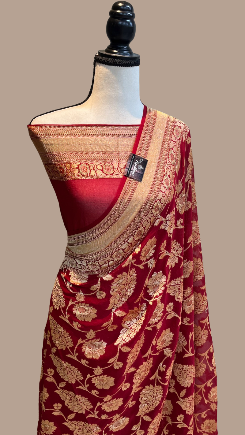 Khaddi Georgette Handloom Banarasi Saree - Gold Zari - The Handlooms