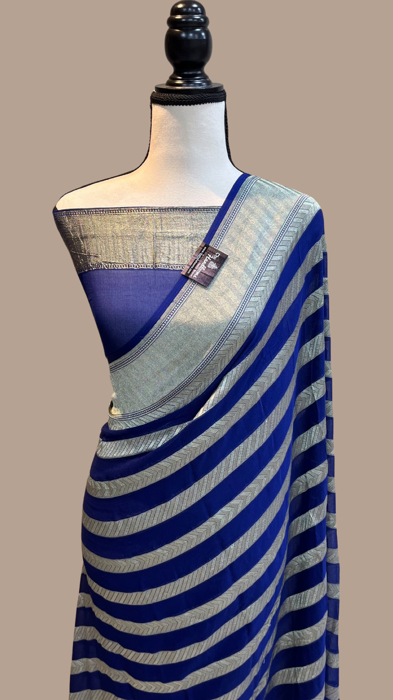 Blue Khaddi Georgette Handloom Banarasi Saree - The Handlooms
