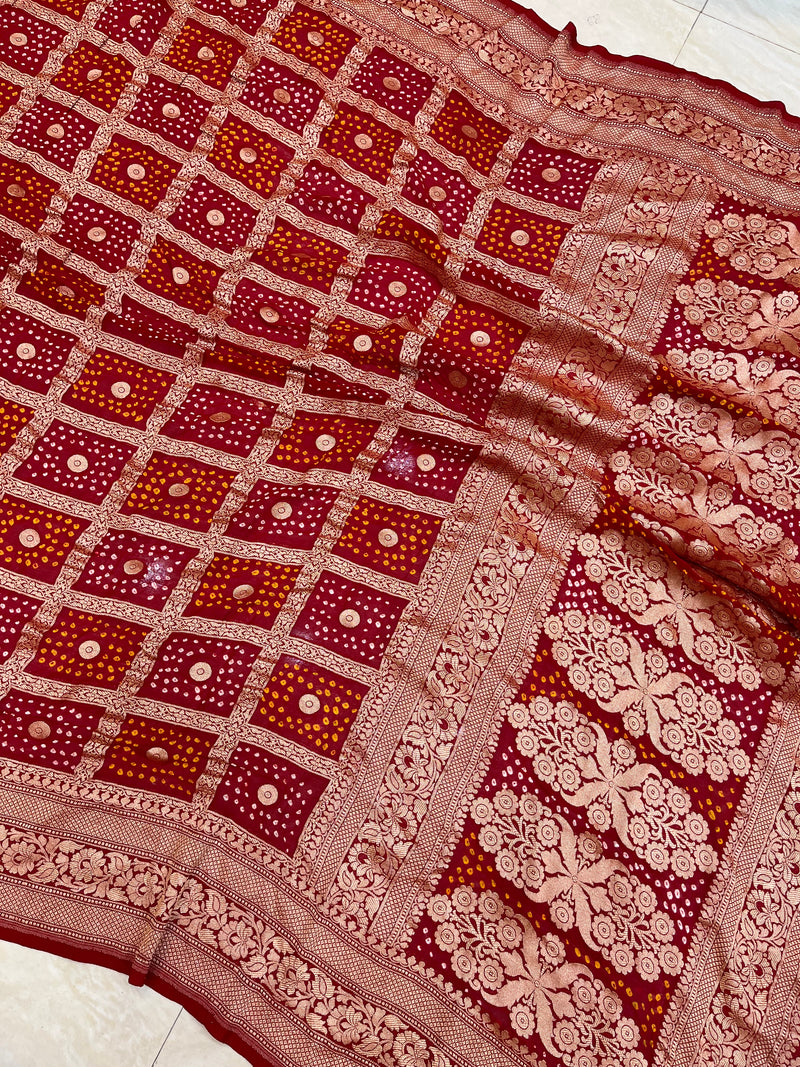 Pure Georgette Banarasi Bandhej Handloom Saree - The Handlooms