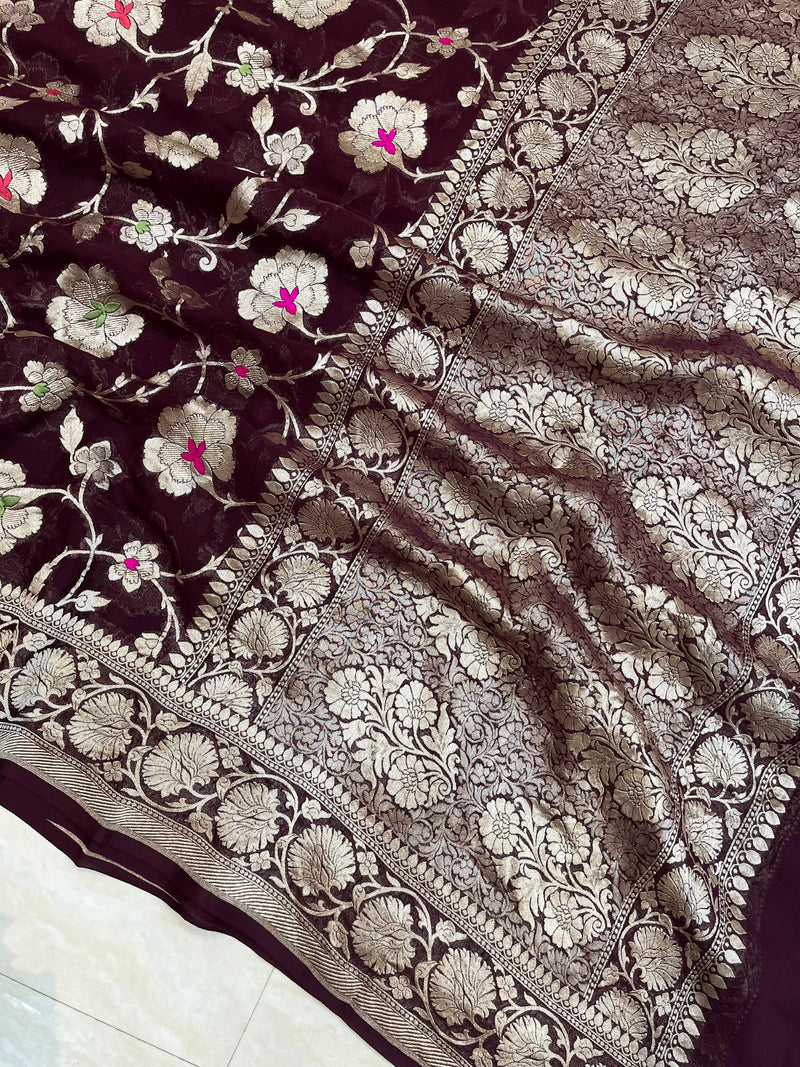 Khaddi Georgette Handloom Banarasi Saree - All over Jaal Work with meenakari - The Handlooms