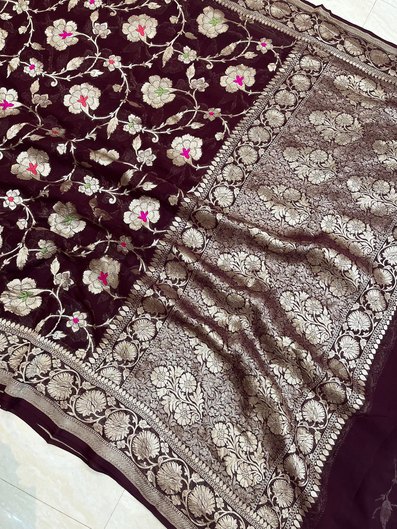 Khaddi Georgette Handloom Banarasi Saree - All over Jaal Work with meenakari - The Handlooms