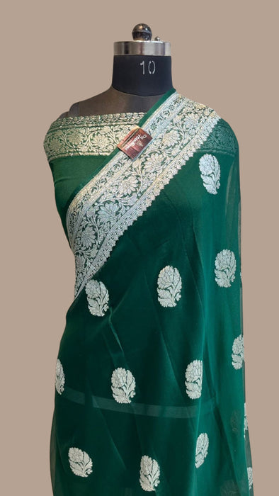 Green Pure Georgette Banarasi Handloom Saree - The Handlooms