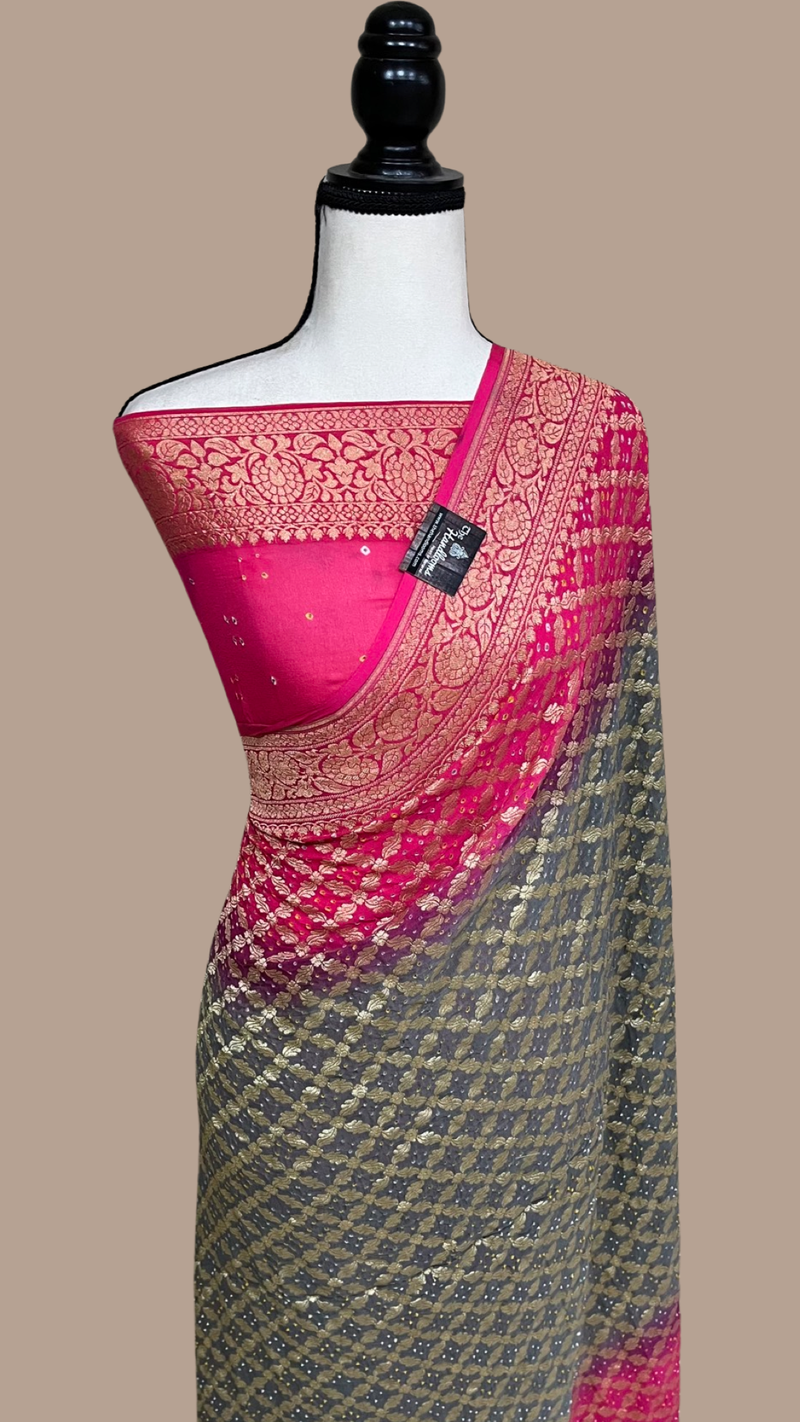 Dual Shade Pure Georgette Banarasi Bandhej Handloom Saree - The Handlooms