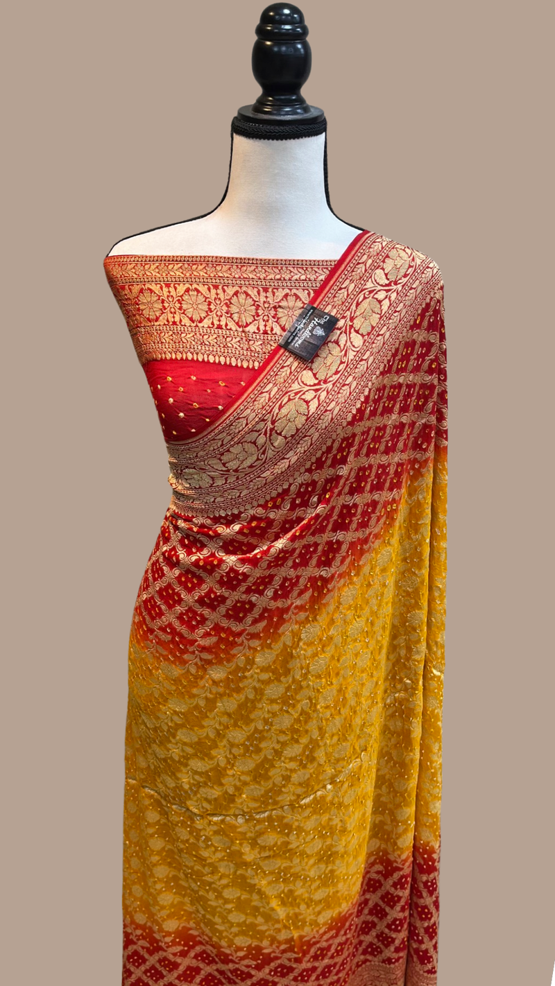 Pure Georgette Banarasi Bandhej Handloom Saree - The Handlooms
