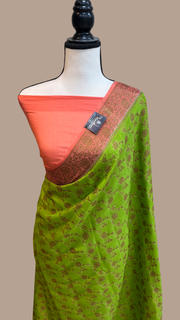Lime Green Pure Chiffon Khaddi Banarasi Saree - The Handlooms