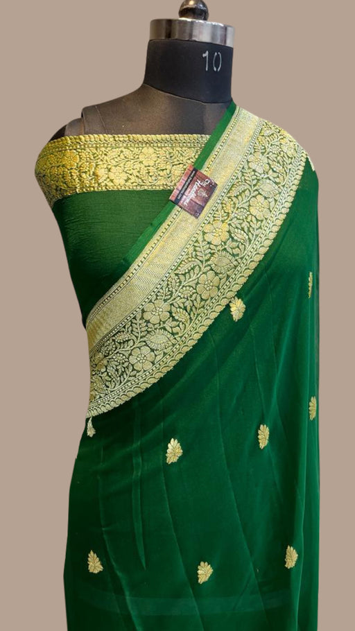 Green Pure Georgette Banarasi Saree - Gold zari - The Handlooms