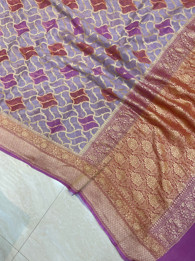 Khaddi Georgette Handloom Banarasi Saree - Gold Zari - The Handlooms