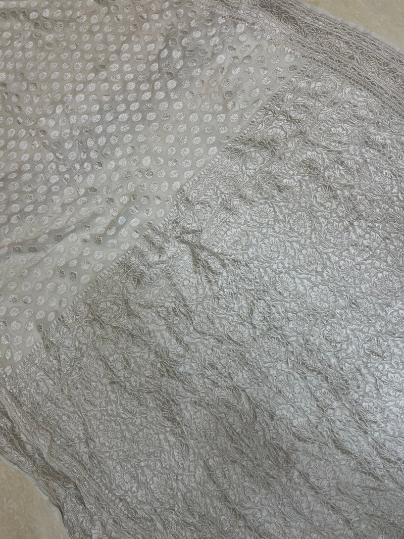 Pure Georgette Banarasi Saree - White - The Handlooms