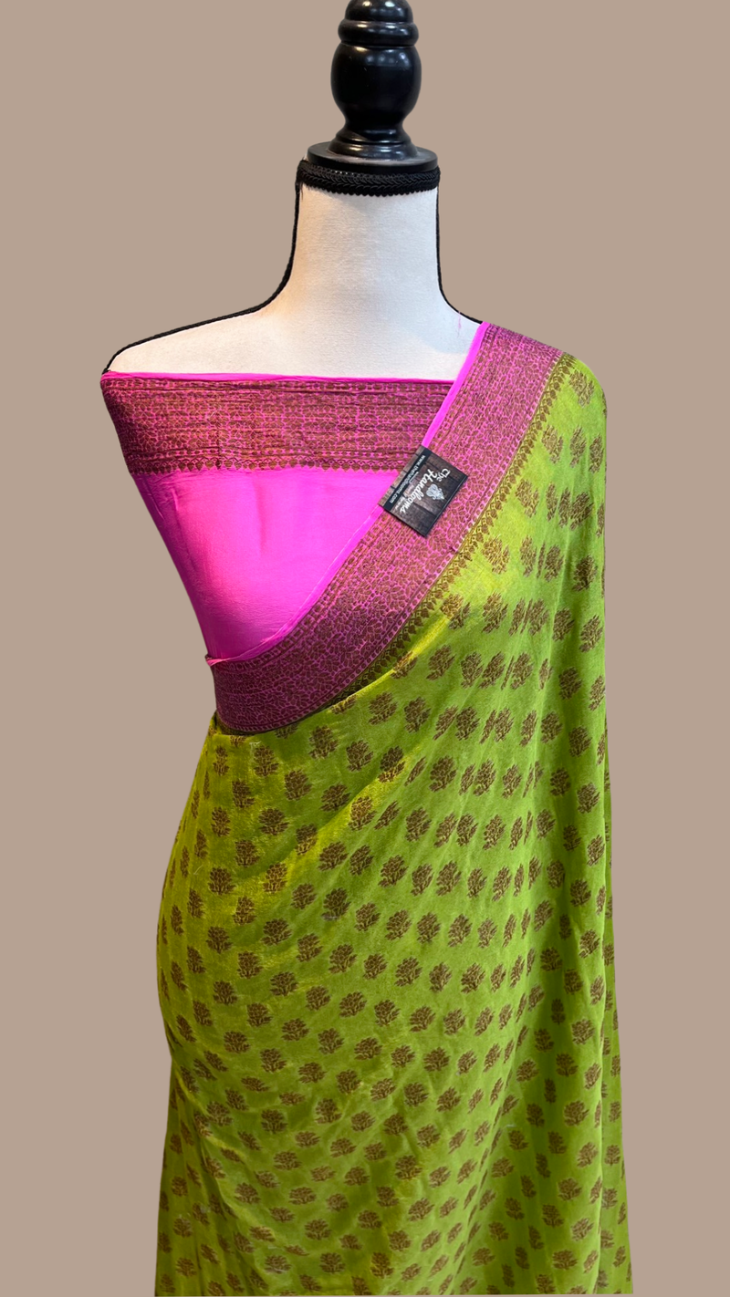 Lime Green Pure Chiffon Khaddi Banarasi Saree - The Handlooms