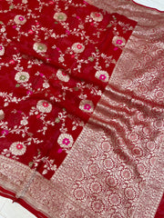 Red Khaddi Georgette Handloom Banarasi Saree - All over Jaal Work with meenakari - The Handlooms