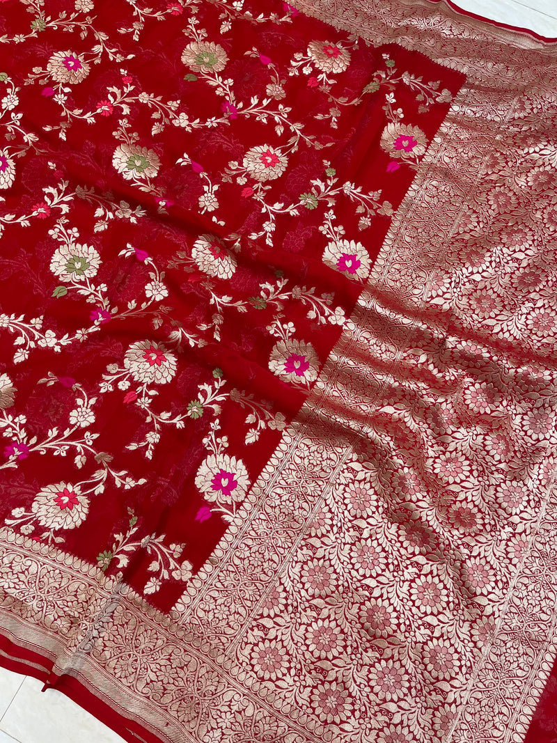 Red Khaddi Georgette Handloom Banarasi Saree - All over Jaal Work with meenakari - The Handlooms