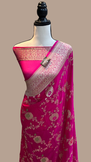 Hot Pink Khaddi Georgette Handloom Banarasi Saree - All over jaal work with meenakari - The Handlooms